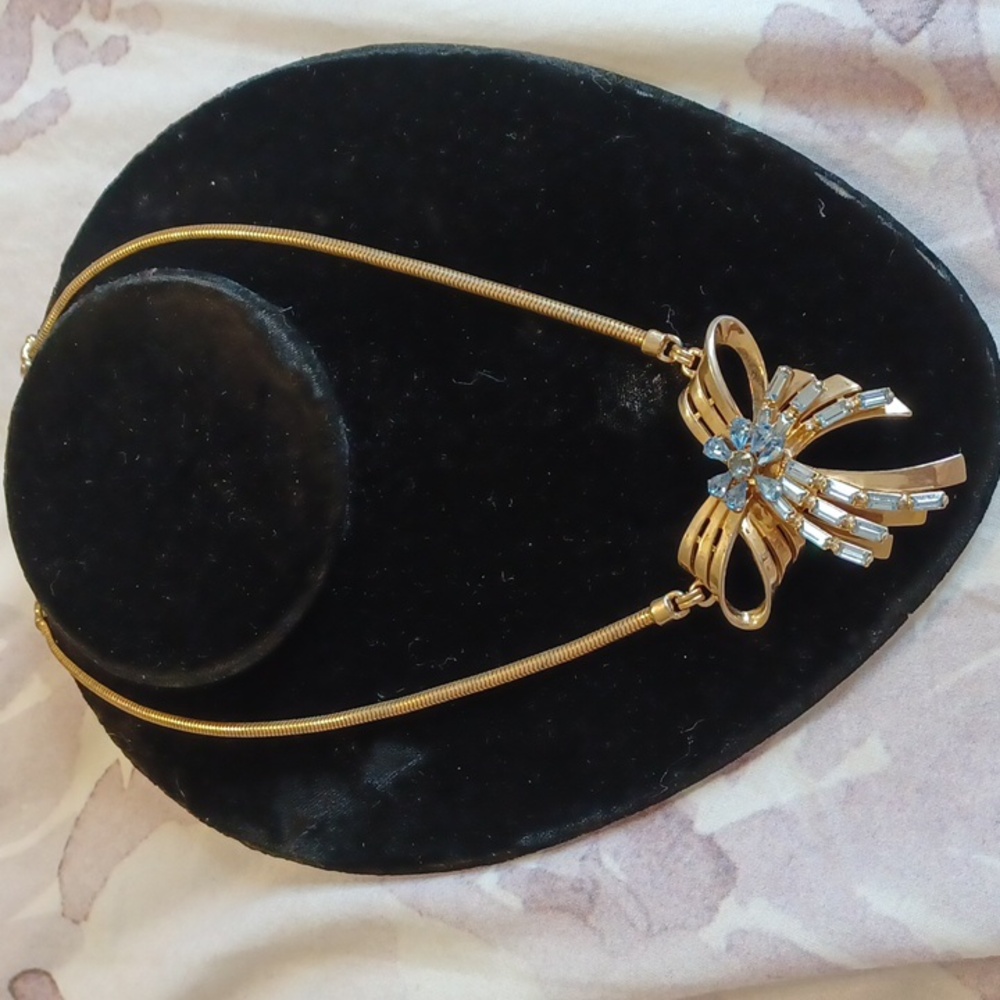 Gold Bow Pendant Necklace with Clear Crystals - Women Jewelry Necklace